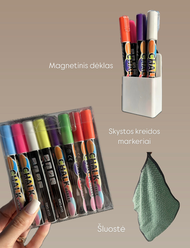 Magnetinės lentos priedų rinkinys. Skystos kreidos markeriai, dėklas, šluostė (tik tamsiom lentom)