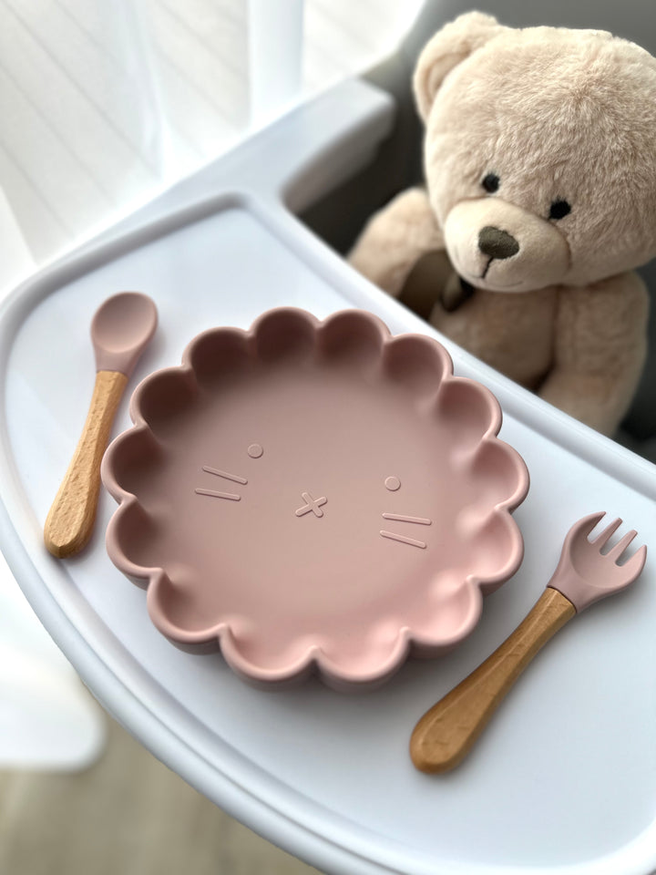 Silikoninė lėkštė su įrankiais BLUSH PINK LION