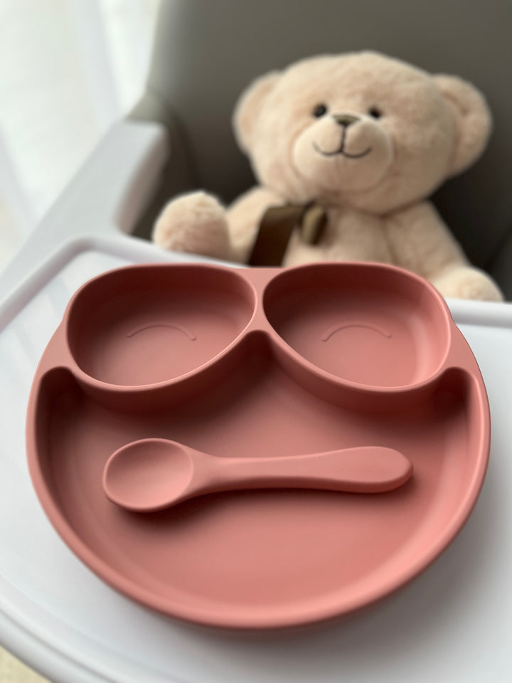 Silikoninė lėkštė PINK OWL su šaukšteliu