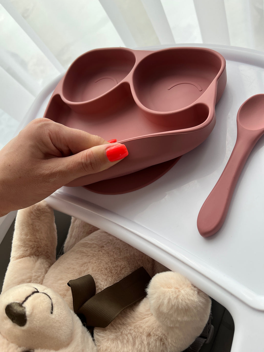 Silikoninė lėkštė PINK OWL su šaukšteliu